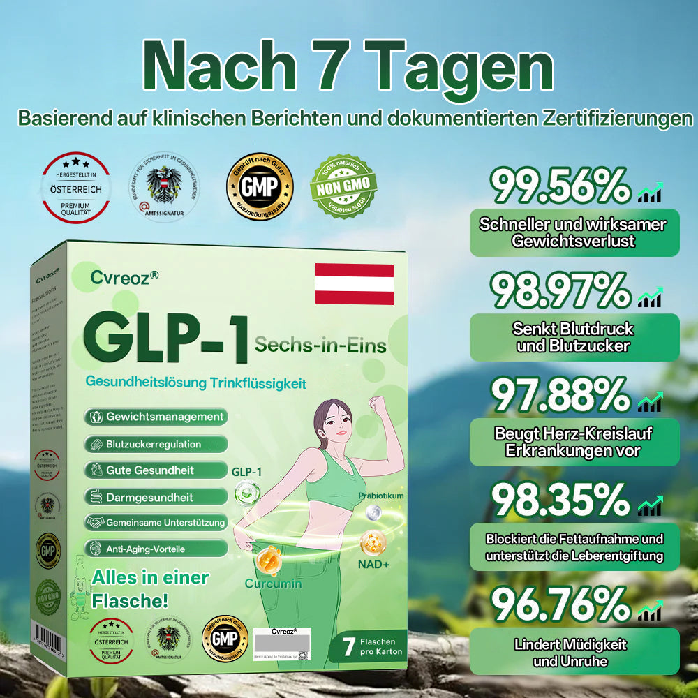Offizieller Shop | 𝐂𝐯𝐫𝐞𝐨𝐳® GLP-1 Sechs-in-Eins Gesundheitslösung Orale Flüssigkeit (Nur einmal täglich, sichtbare Veränderungen nach 7 Tagen) Für Fettleibigkeit, Herz-Kreislauf-Gesundheit, Diabetes, Schlafapnoe, Darmgesundheit, Gelenkbeschwerden und mehr.