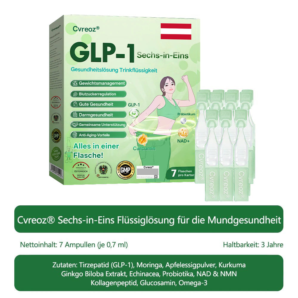 Offizieller Shop | 𝐂𝐯𝐫𝐞𝐨𝐳® GLP-1 Sechs-in-Eins Gesundheitslösung Orale Flüssigkeit (Nur einmal täglich, sichtbare Veränderungen nach 7 Tagen) Für Fettleibigkeit, Herz-Kreislauf-Gesundheit, Diabetes, Schlafapnoe, Darmgesundheit, Gelenkbeschwerden und mehr.